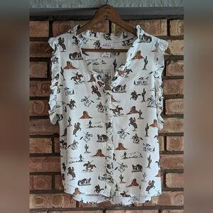 Ariat White Western Print Ruffle Sleeve Button-Down Top